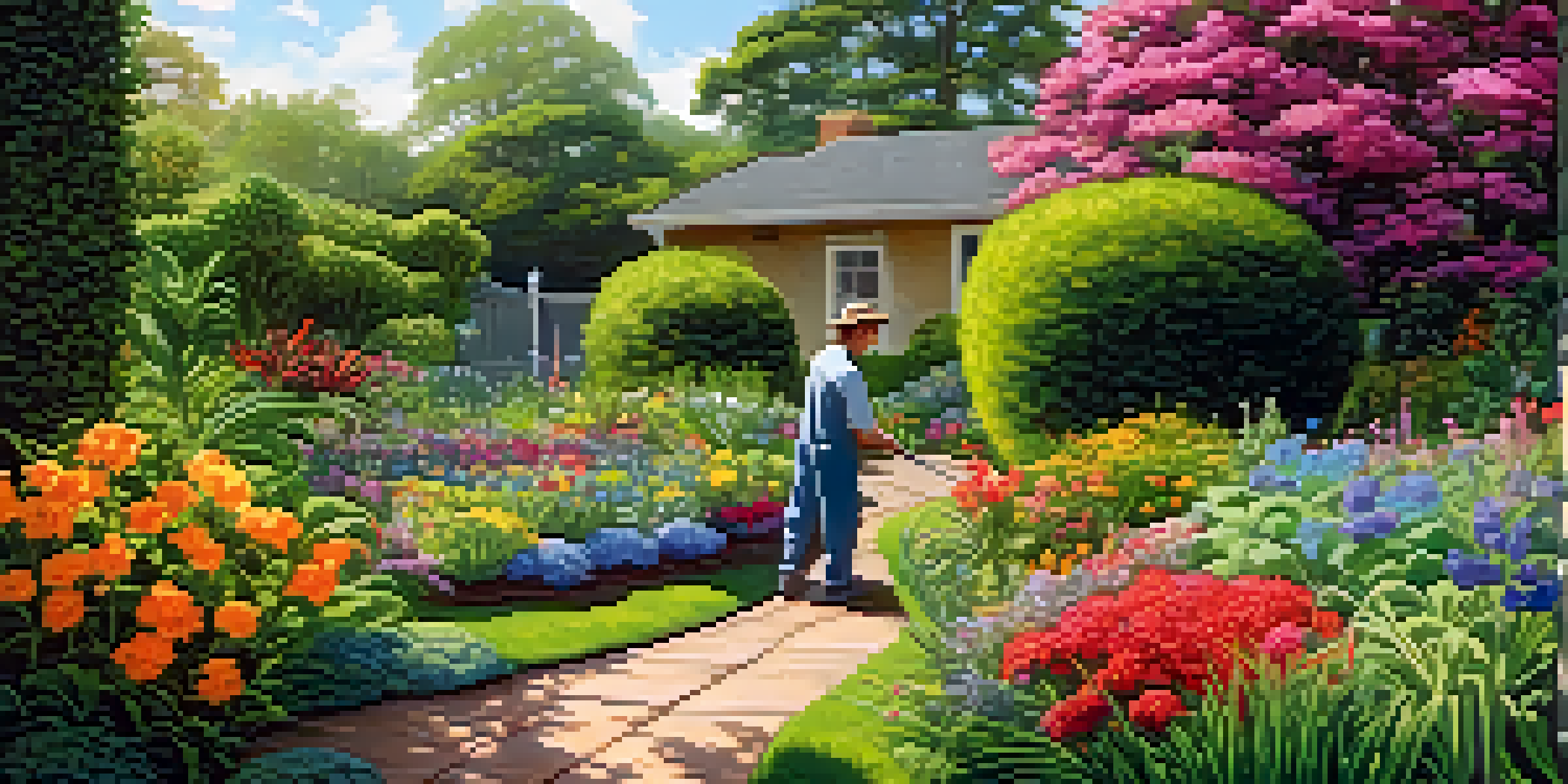 A peaceful garden with colorful flowers and a gardener tending to the plants, illustrating the concept of cognitive restructuring.