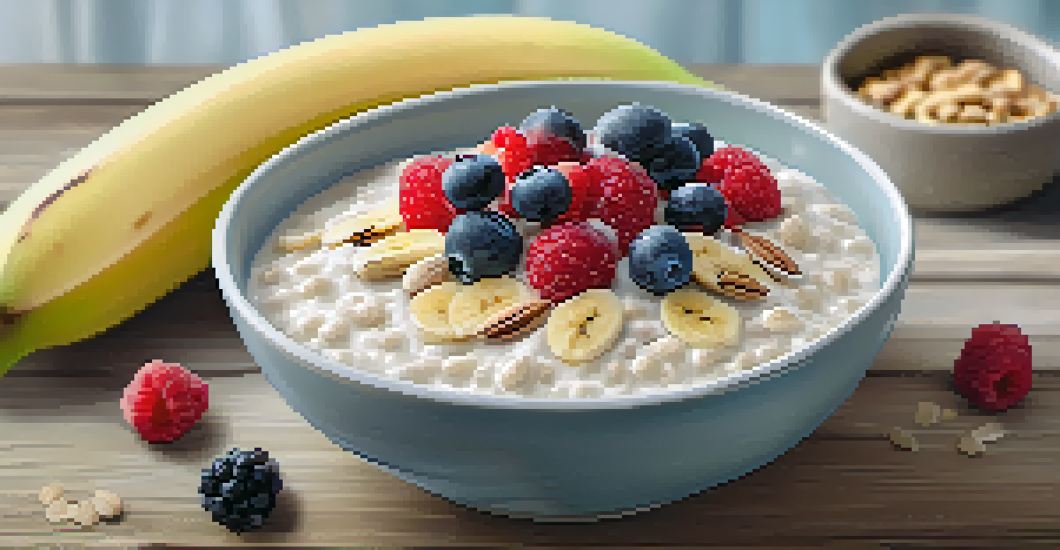 A bowl of overnight oats topped with bananas and berries, with a glass of almond milk beside it on a wooden table.