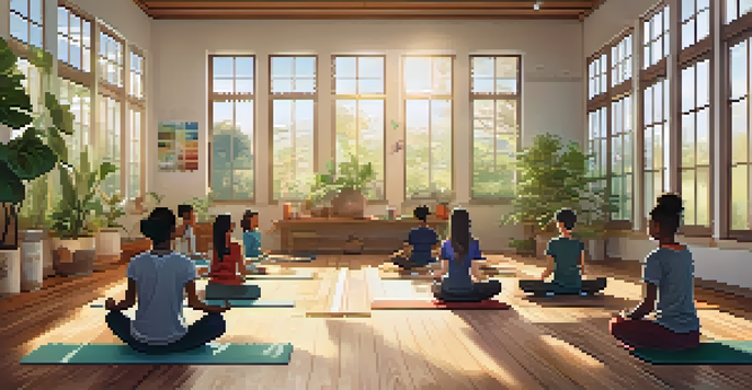 Students meditating in a peaceful classroom, with sunlight streaming through windows and a mindfulness corner filled with plants.