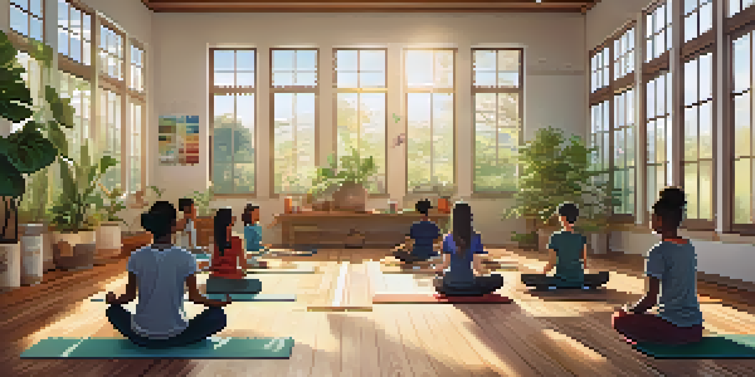 Students meditating in a peaceful classroom, with sunlight streaming through windows and a mindfulness corner filled with plants.