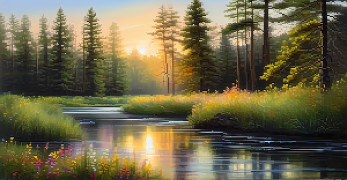 A peaceful forest landscape at sunrise, with sunlight filtering through trees and a stream reflecting warm colors.