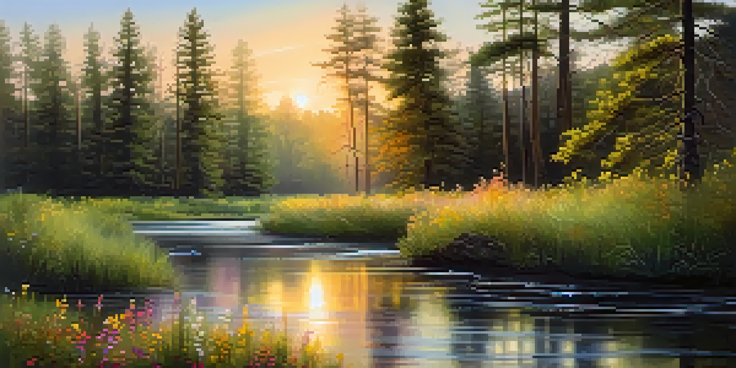 A peaceful forest landscape at sunrise, with sunlight filtering through trees and a stream reflecting warm colors.