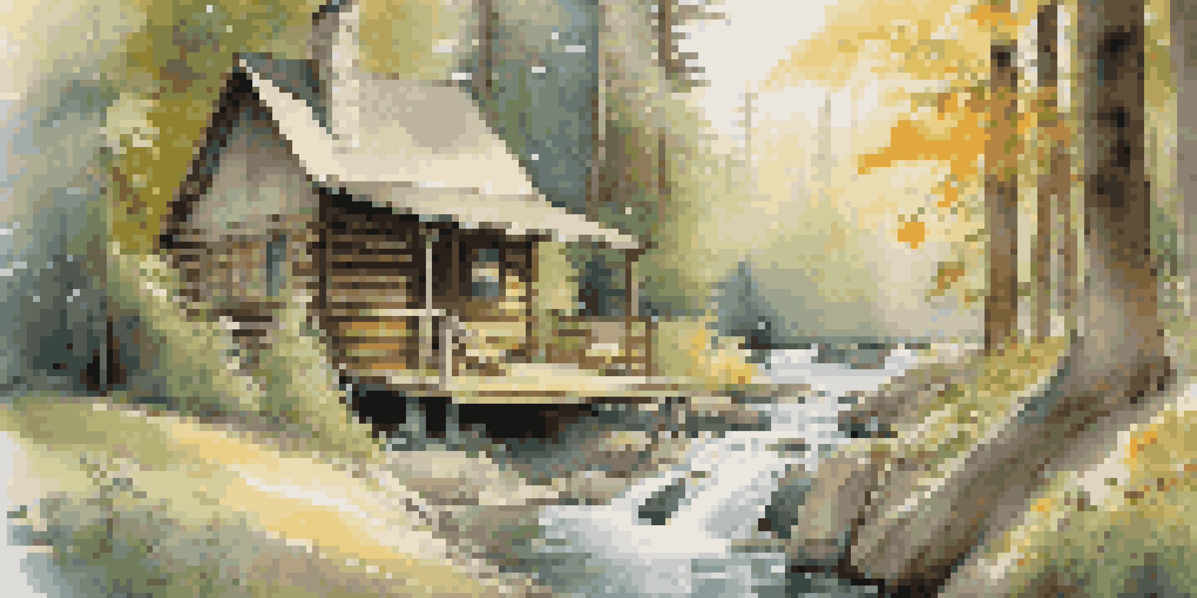 A peaceful forest scene with a cozy cabin, sunlight filtering through trees, a gentle stream, and a hammock.