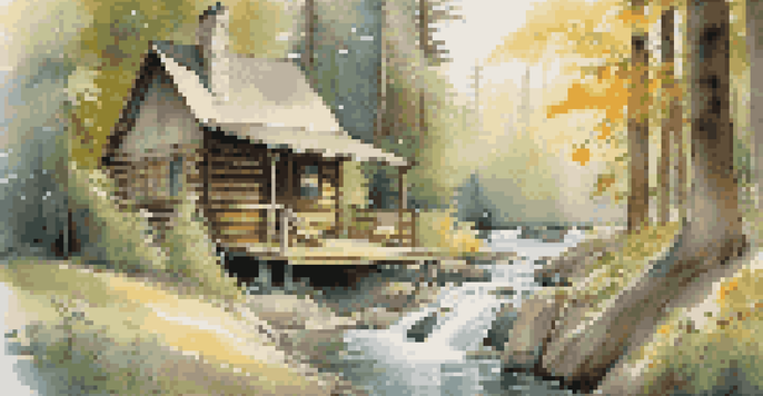 A peaceful forest scene with a cozy cabin, sunlight filtering through trees, a gentle stream, and a hammock.