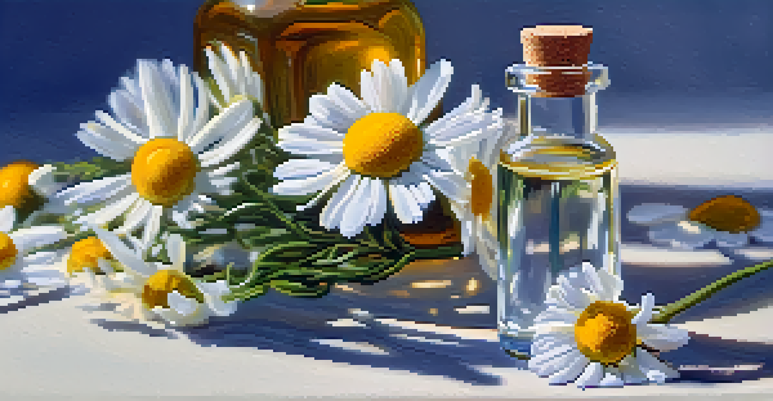 A hand holding a glass bottle of chamomile essential oil in front of blooming chamomile flowers, illuminated by sunlight.