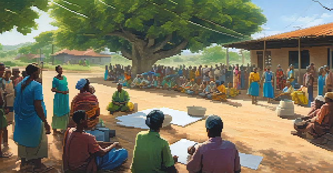 A rural community meeting with villagers discussing water access solutions, surrounded by greenery and sunlight.