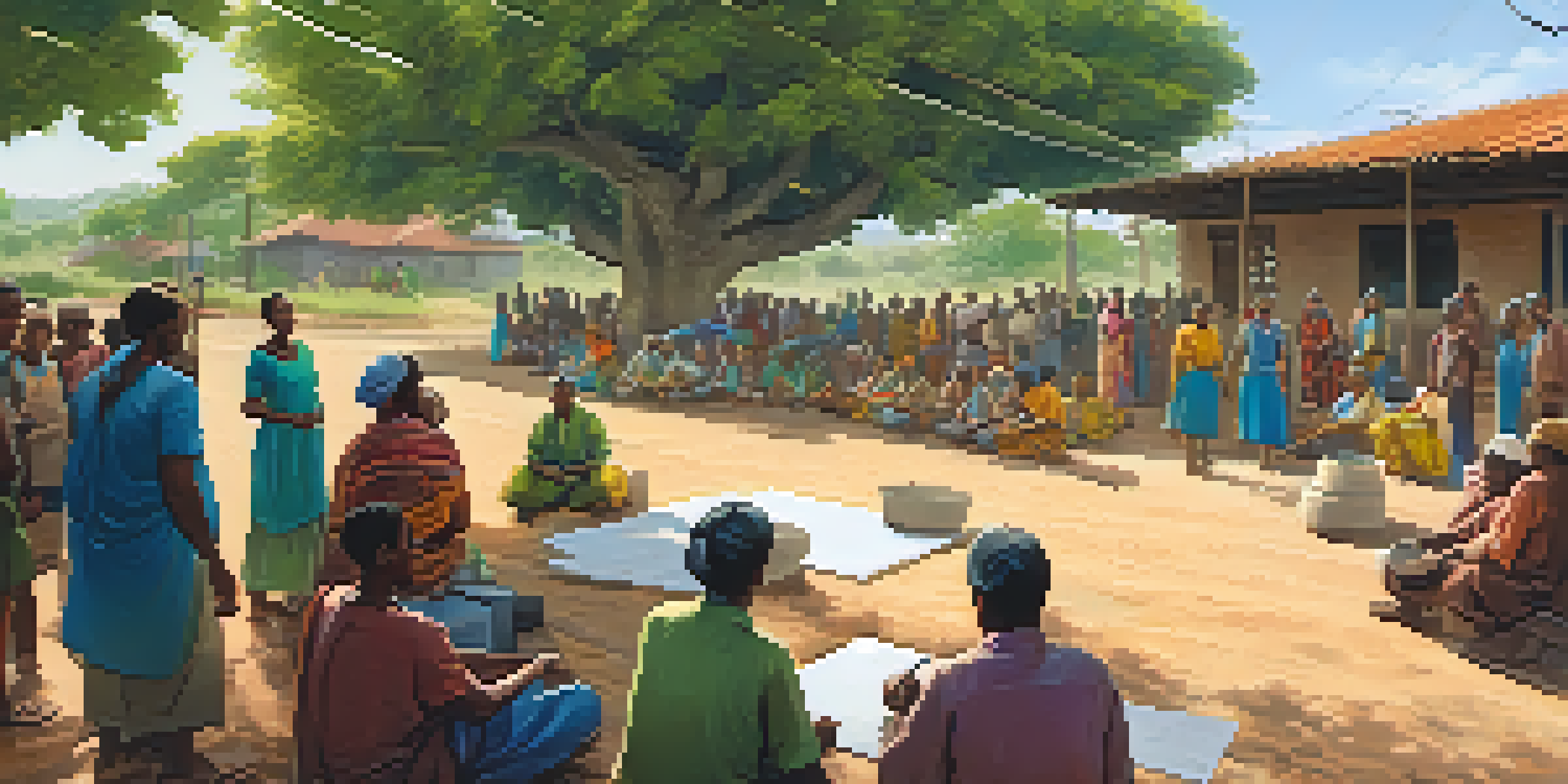 A rural community meeting with villagers discussing water access solutions, surrounded by greenery and sunlight.