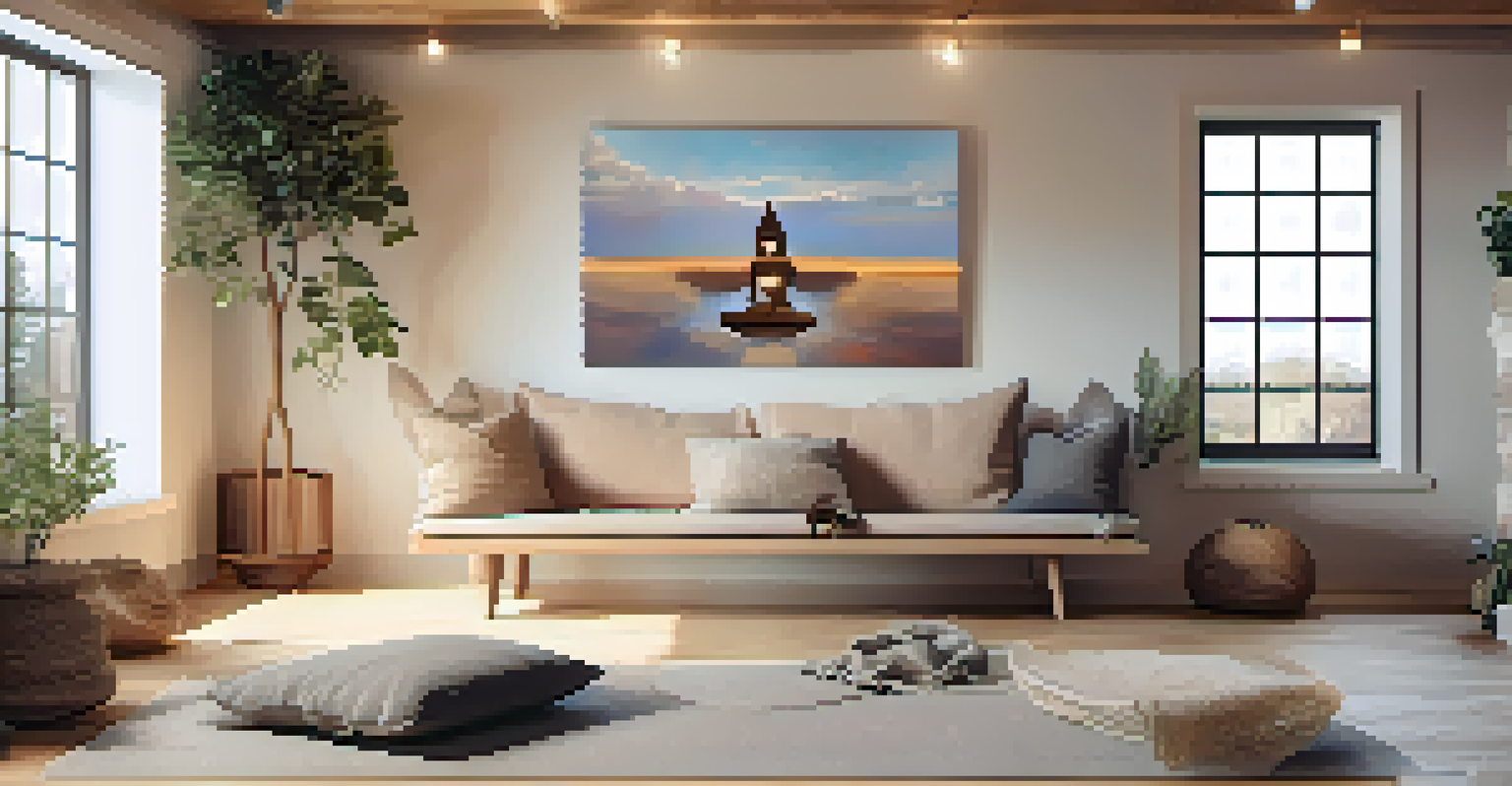 A cozy yoga area with cushions, a blanket, and earth-toned decor, featuring a vision board and soft lighting.