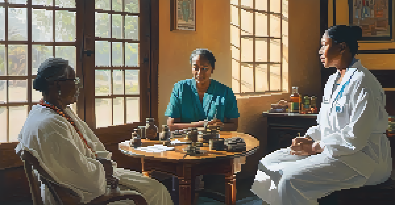 A healthcare provider consulting with a patient in a culturally rich environment with natural light.