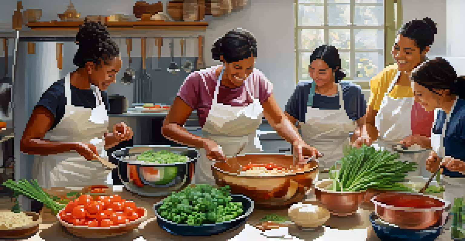 Women engaged in a cooking class, preparing healthy meals together in a bright kitchen.