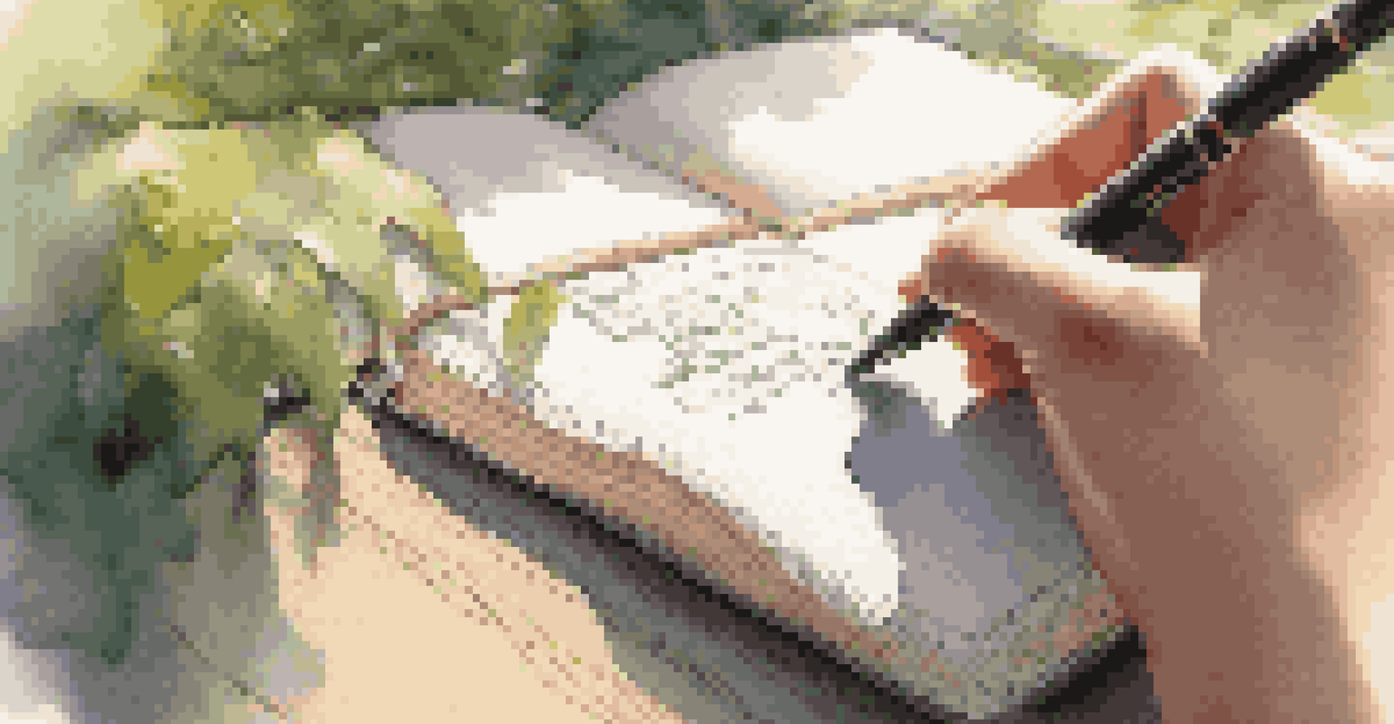 A close-up shot of hands writing in an eco-friendly journal against a natural background.