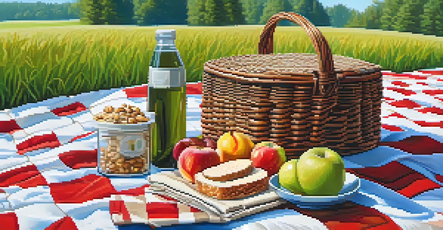A peaceful outdoor picnic scene with healthy vegan snacks on a checkered blanket in a grassy area.