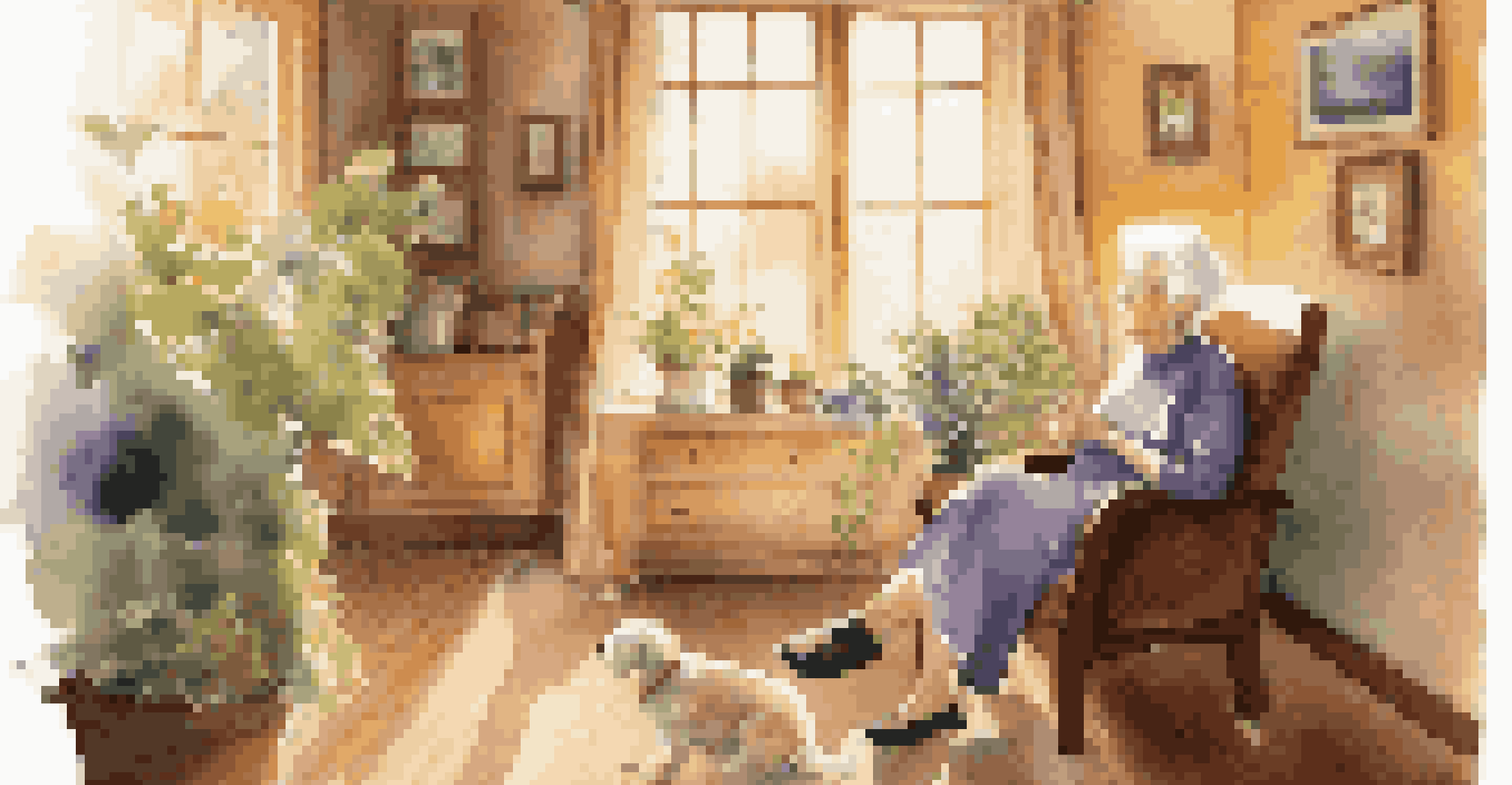 An elderly woman in a cozy living room interacting with a therapy dog, surrounded by sunlight and personal touches.