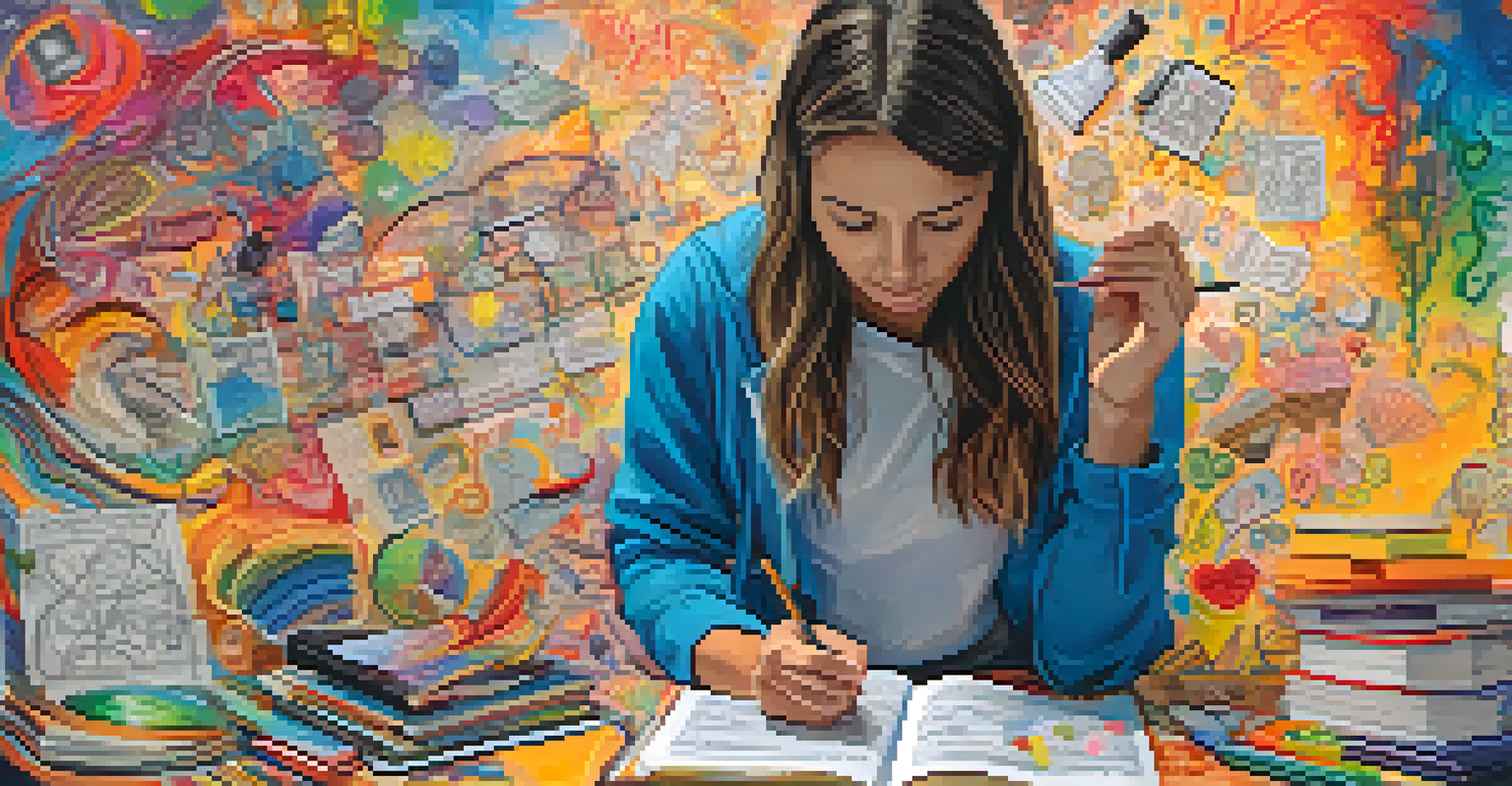 A person journaling surrounded by colorful doodles and sketches representing their emotions, with a vibrant background.