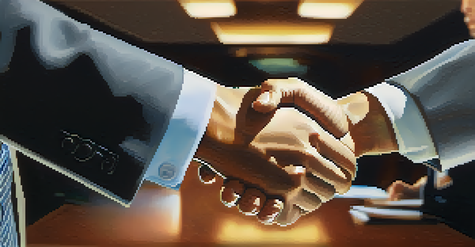 Two coworkers shaking hands in a professional setting, symbolizing teamwork and partnership.