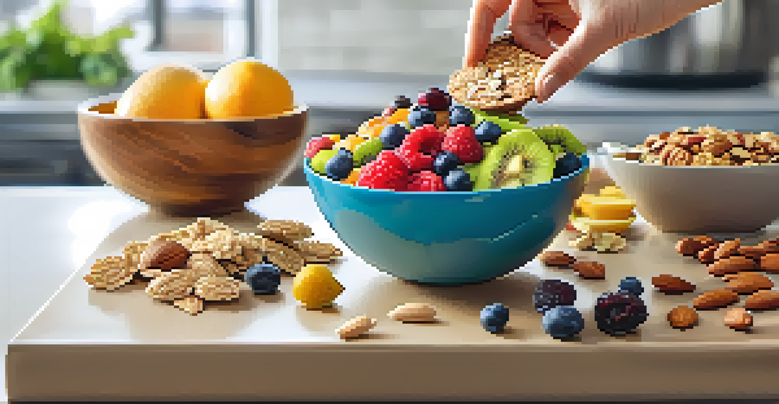A close-up of a hand holding a bowl filled with healthy snacks like fruits and nuts, with a blurry kitchen background.