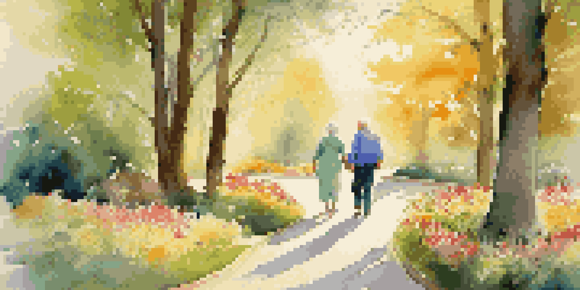 An elderly couple walking hand-in-hand in a park during sunrise, surrounded by greenery and flowers.