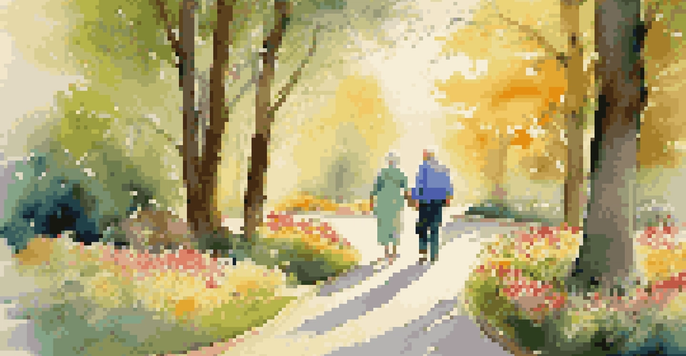 An elderly couple walking hand-in-hand in a park during sunrise, surrounded by greenery and flowers.