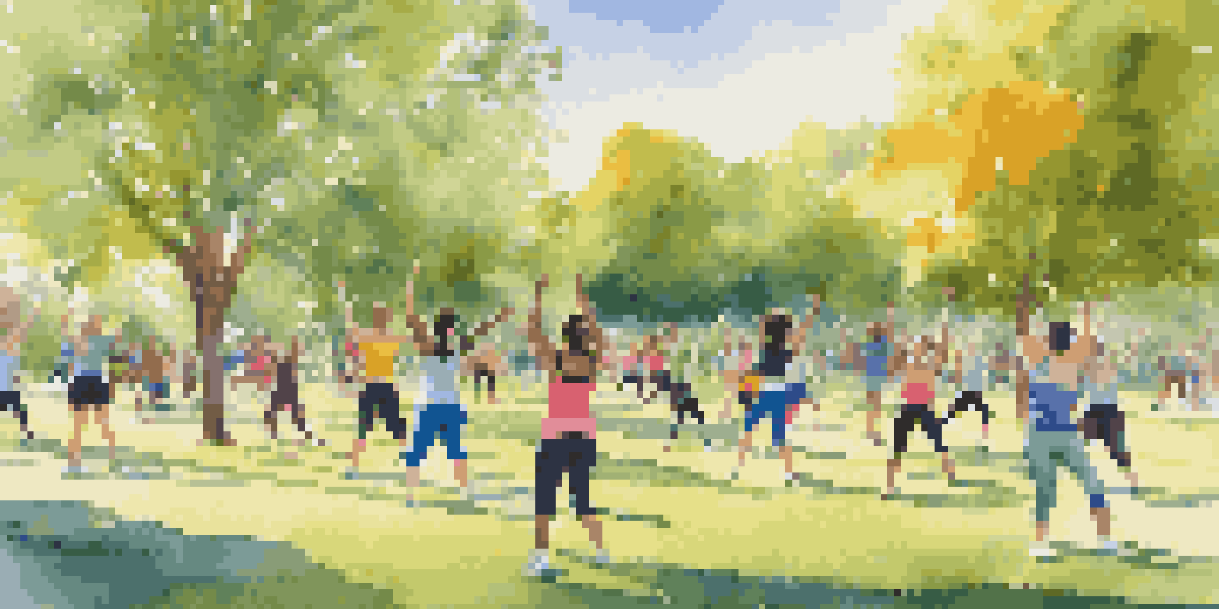 A diverse group of individuals participating in an outdoor fitness class in a sunny park, showcasing a variety of exercises.