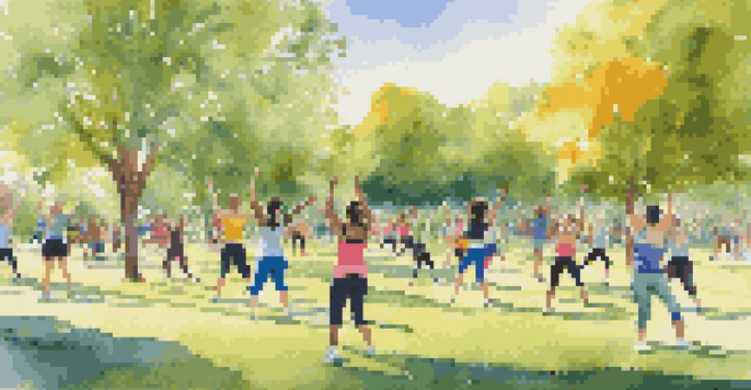 A diverse group of individuals participating in an outdoor fitness class in a sunny park, showcasing a variety of exercises.