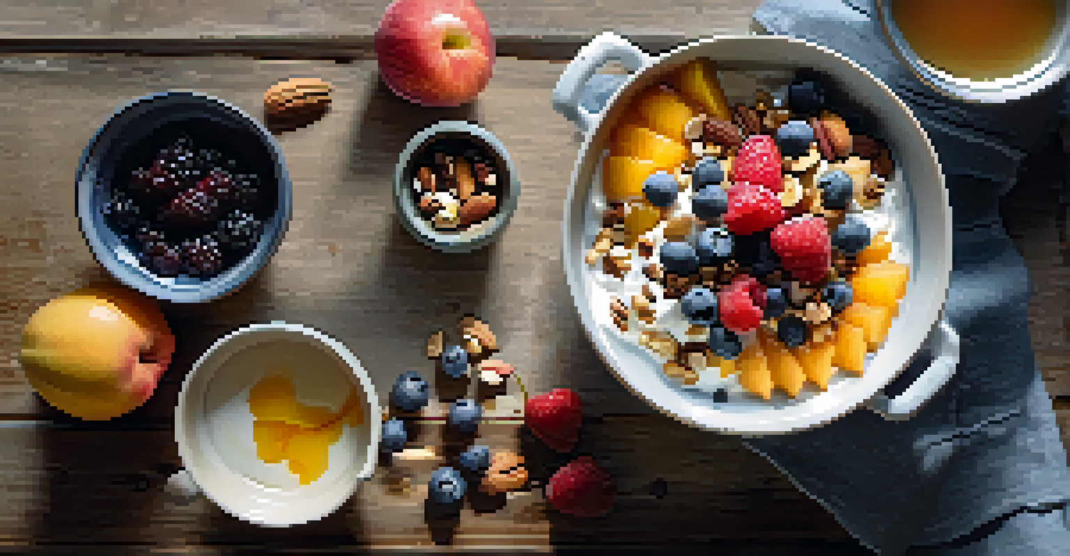 An overhead view of a breakfast bowl with Greek yogurt, fruits, and nuts next to a cup of kombucha.