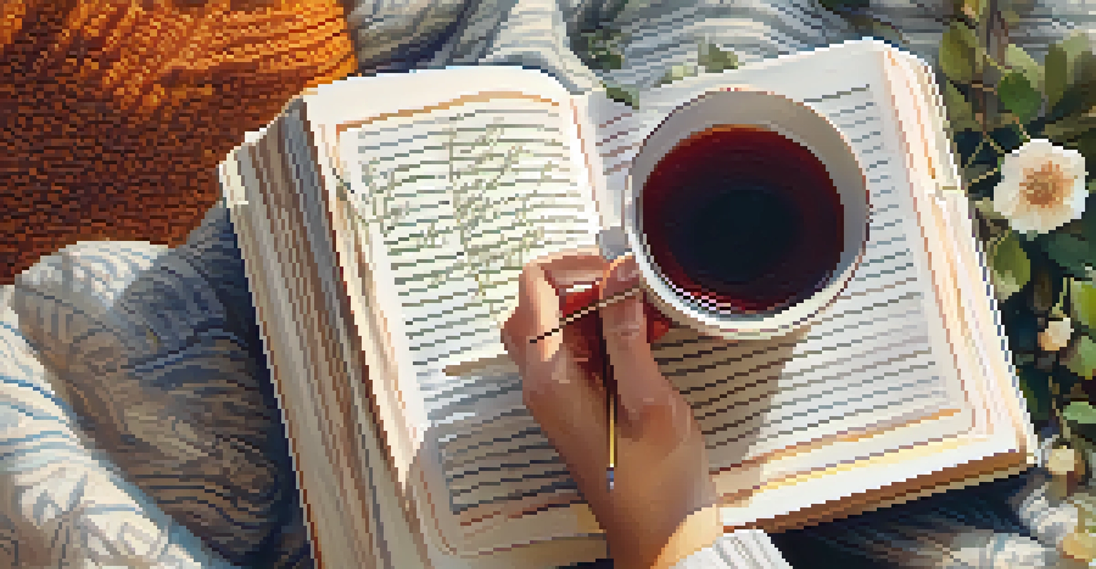 A close-up of hands on a journal with floral design, surrounded by a blanket and a cup of tea, depicting a mindfulness practice.