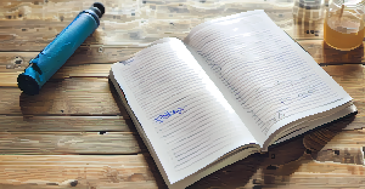 An open fitness journal with handwritten notes and a pen on a wooden table, with a water bottle and running shoes in the background.
