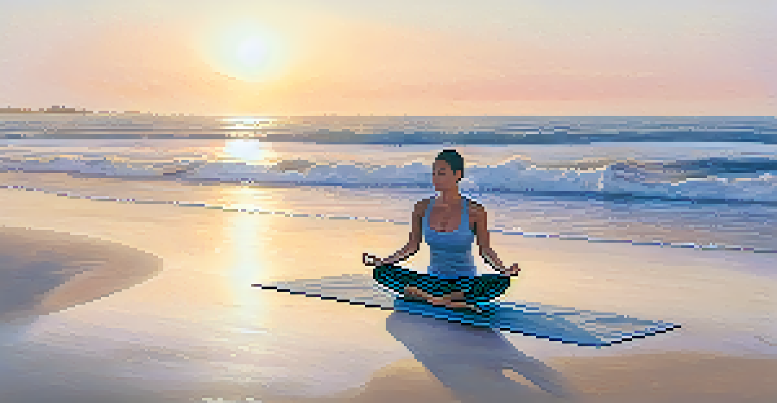 A football player practicing yoga on a beach at sunrise, with waves and a pastel sky in the background.