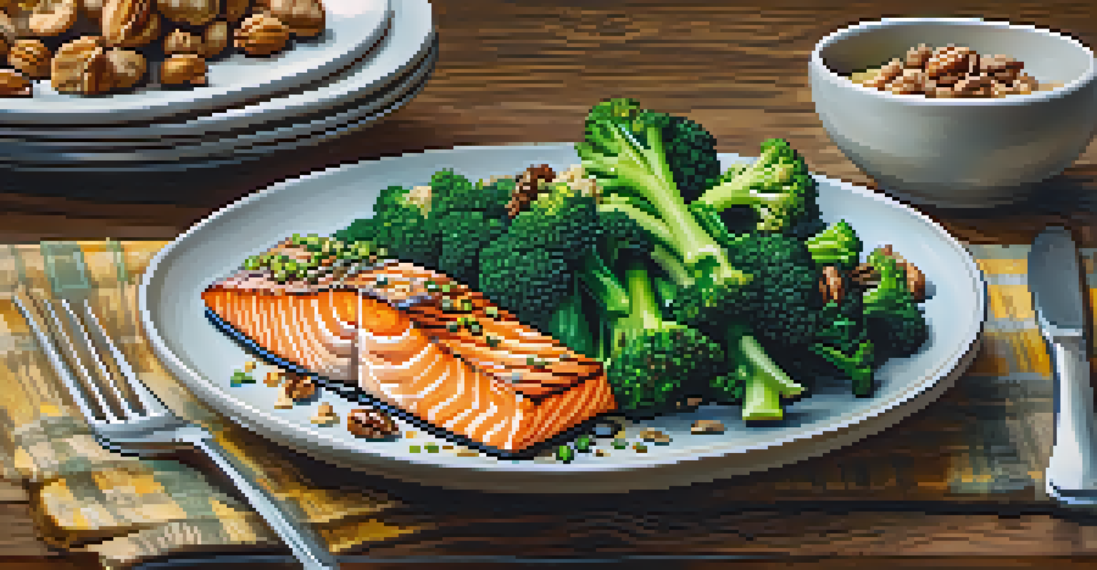 A colorful plate of grilled salmon, broccoli, and walnuts on a rustic table, highlighting healthy winter foods.