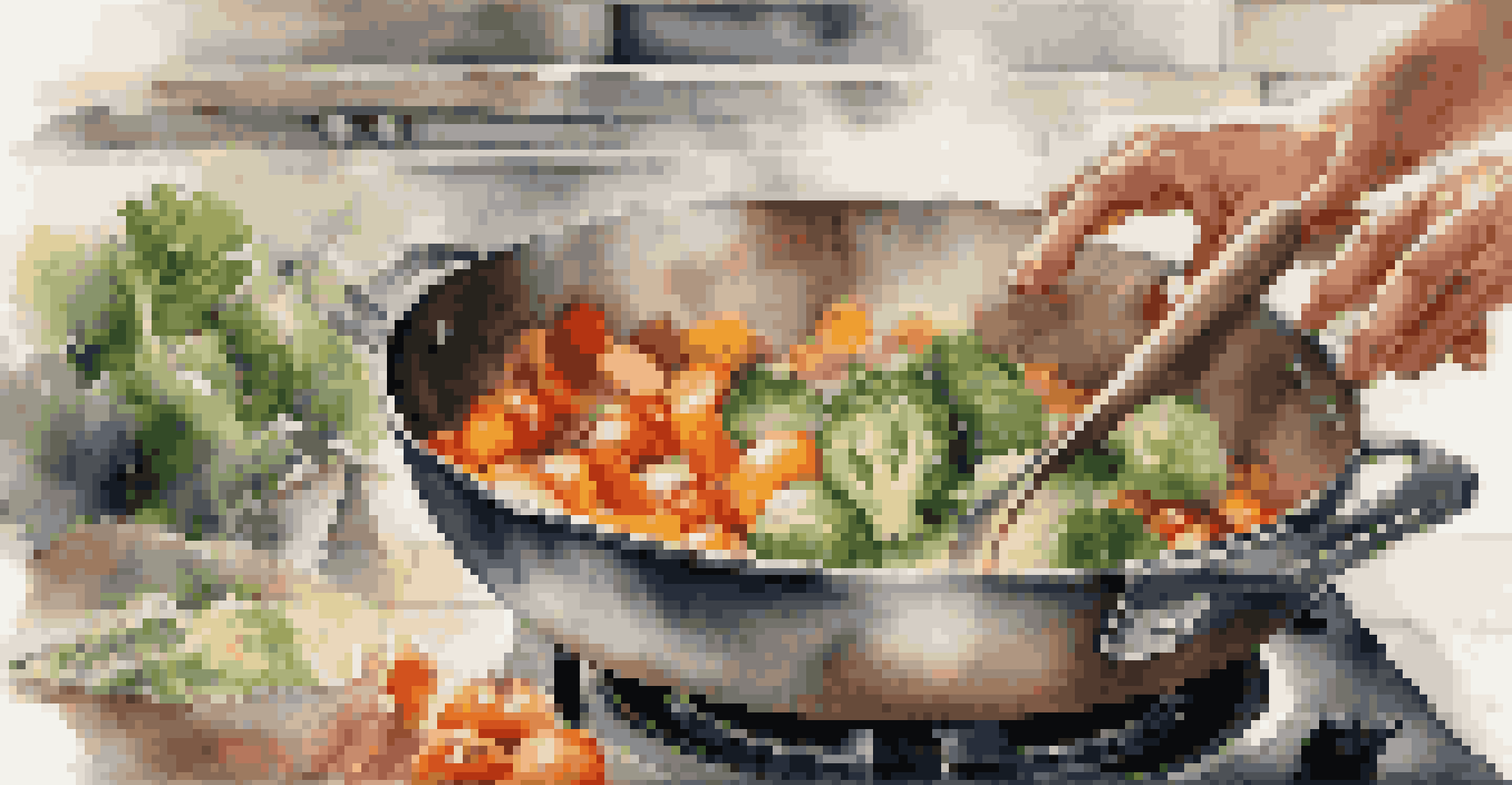 A close-up of hands demonstrating cooking techniques, focusing on fresh ingredients and the cooking process with a soft background.