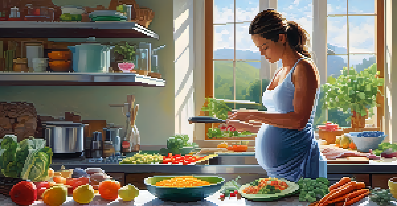 A pregnant woman cooking in a bright kitchen with colorful vegetables and fruits on the countertop.