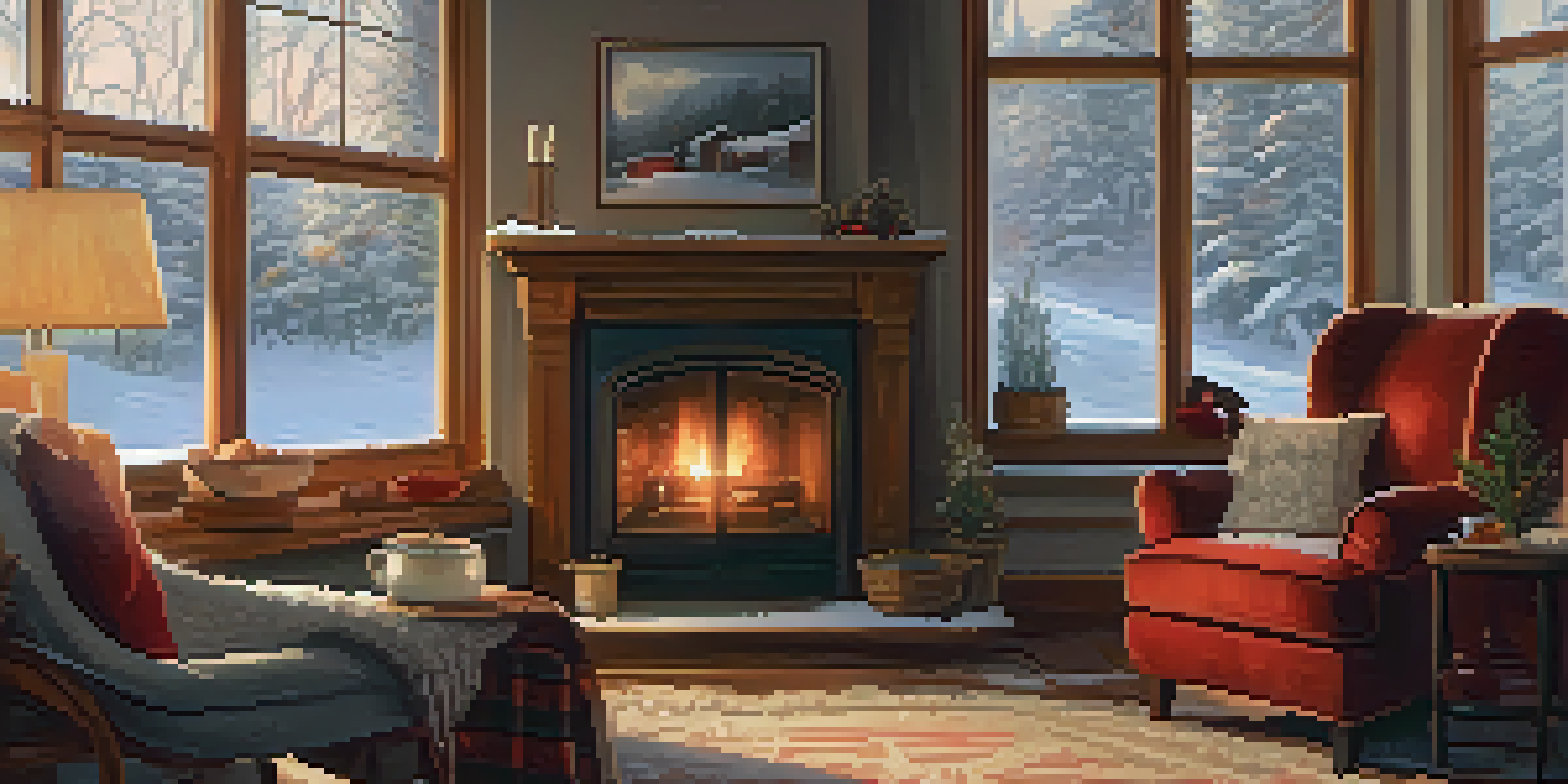 A cozy living room in winter with a snow view outside, featuring a fireplace, armchair, blankets, and a cup of tea.