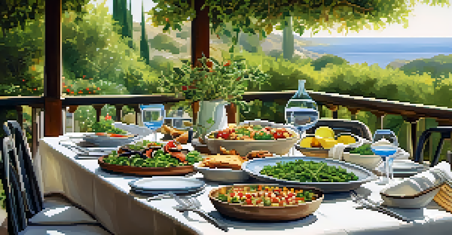 A dining table set outdoors with a platter of Mediterranean dishes surrounded by greenery, illuminated by soft natural light.