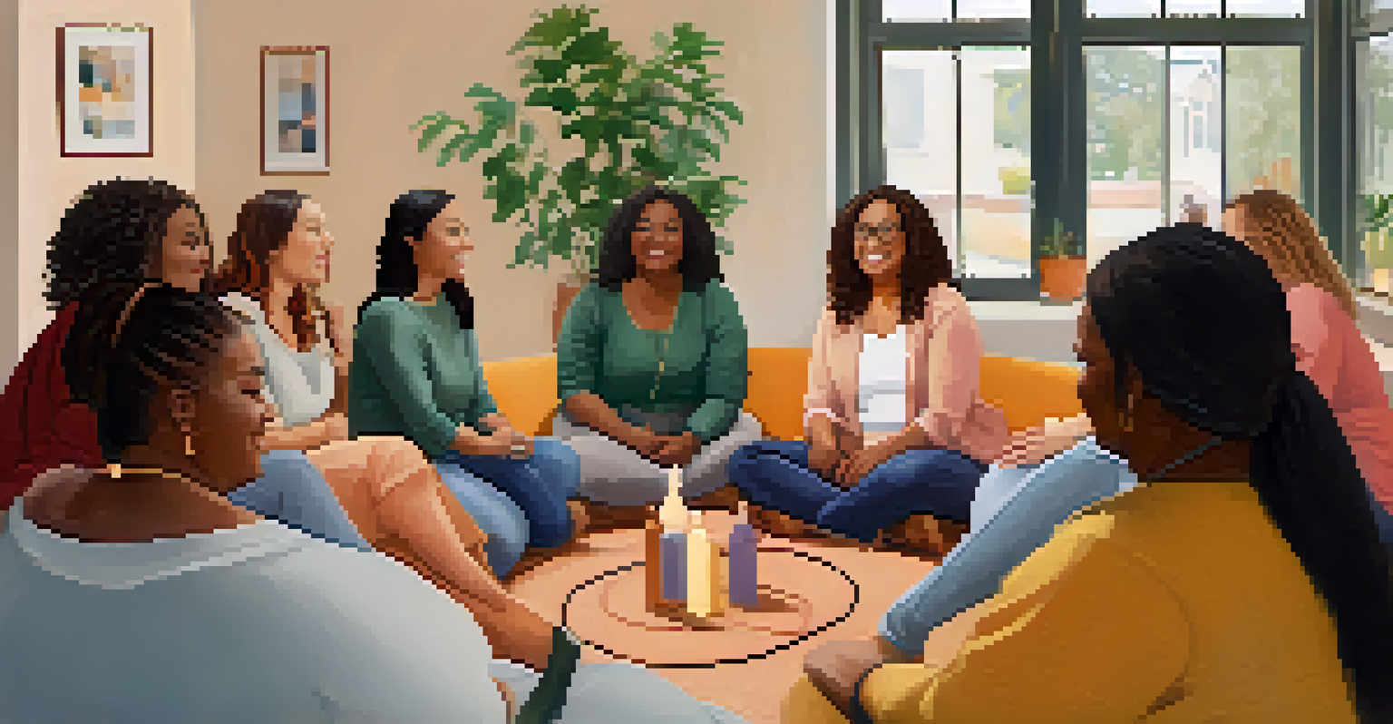 A group of diverse women discussing their experiences with PCOS in a supportive and warm environment, emphasizing community.
