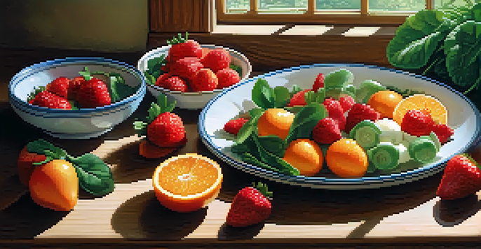 A vibrant plate filled with assorted fruits and vegetables, showcasing their colors and textures under soft natural light.