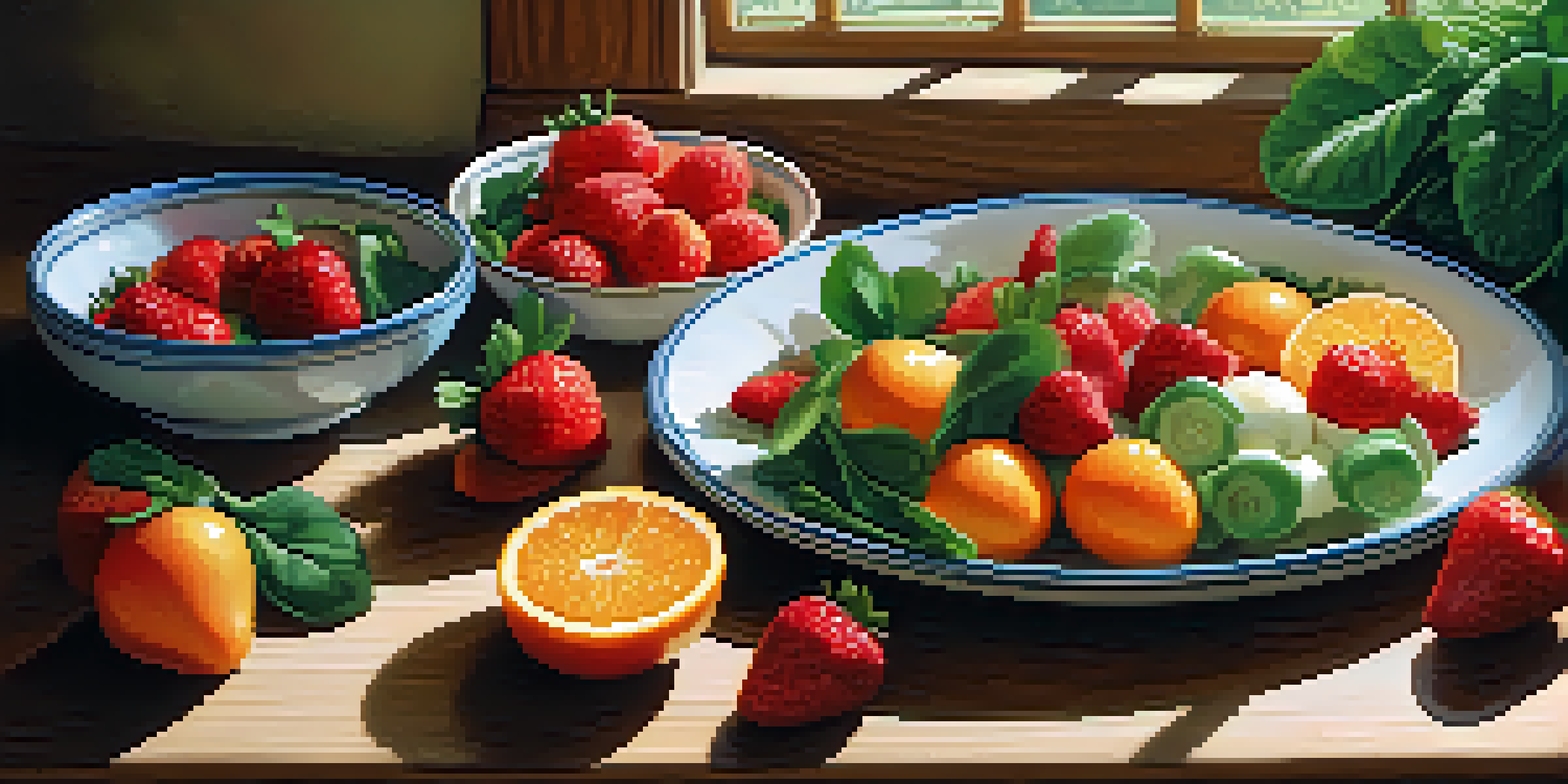 A vibrant plate filled with assorted fruits and vegetables, showcasing their colors and textures under soft natural light.