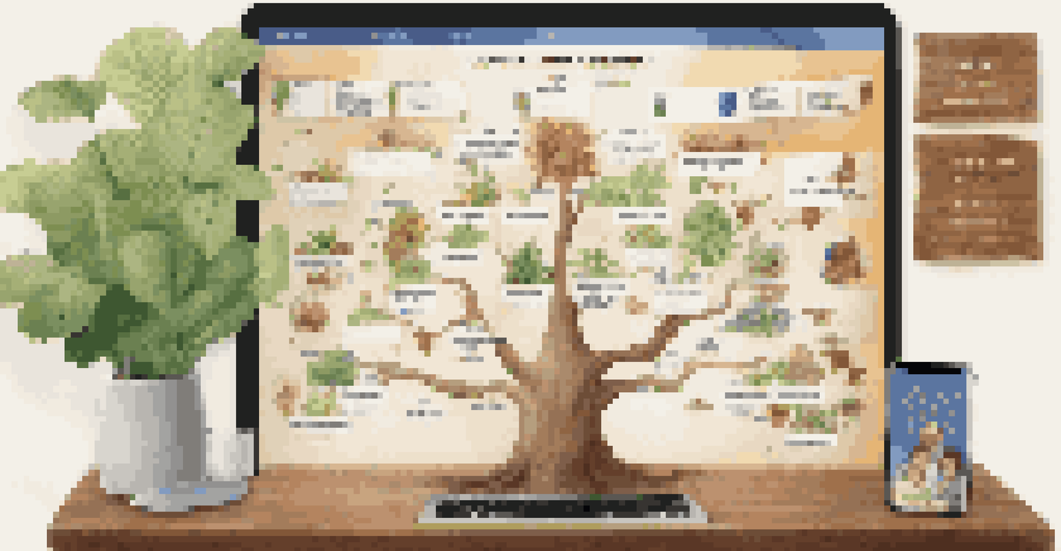 A family health tree chart on a table, with photos and a laptop, showing health conditions and family members' names.