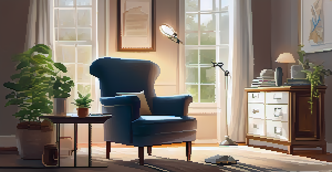 A peaceful therapist's office with a comfortable armchair, soft lighting, and a small table with a notepad and tea.