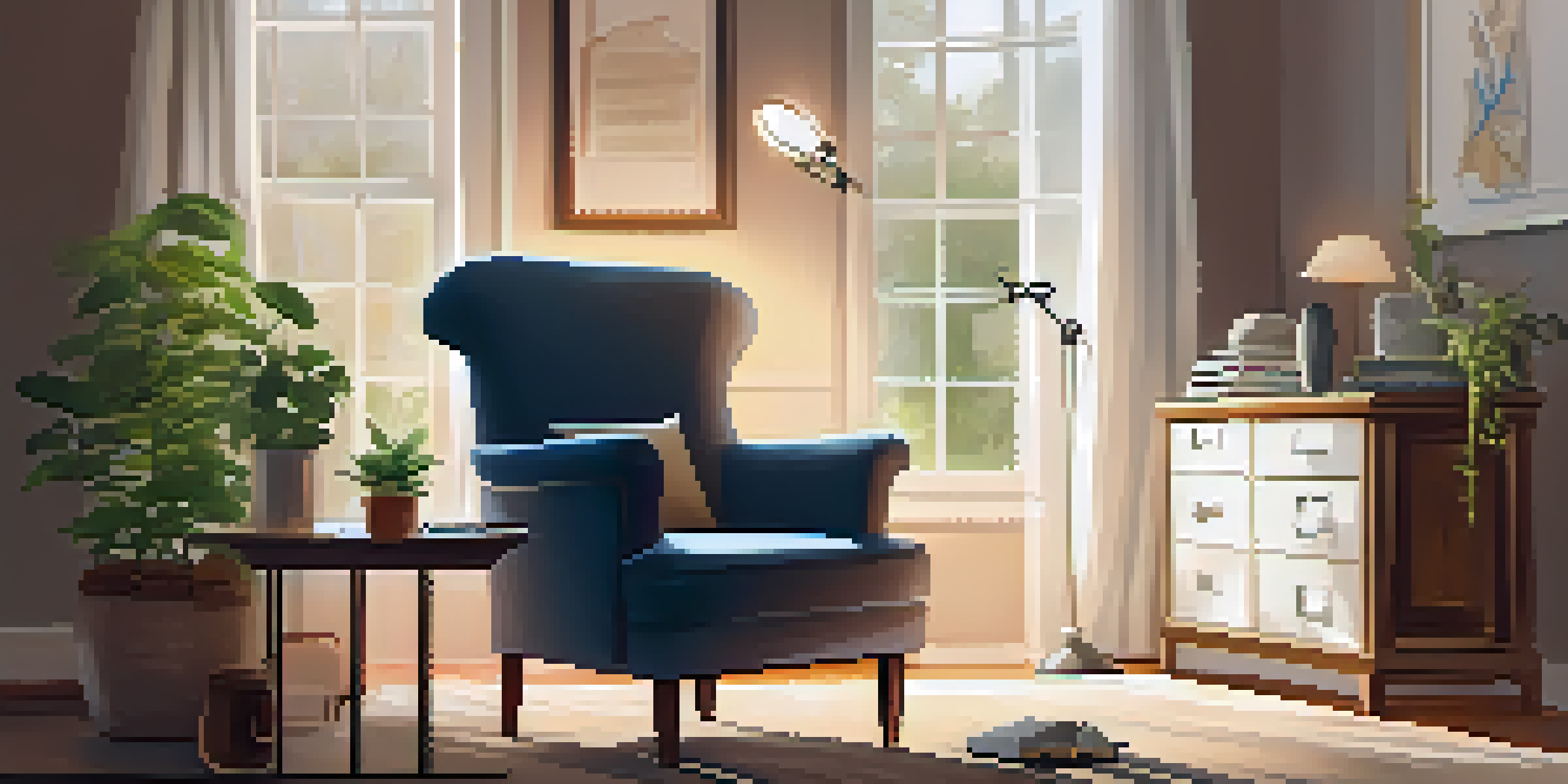 A peaceful therapist's office with a comfortable armchair, soft lighting, and a small table with a notepad and tea.