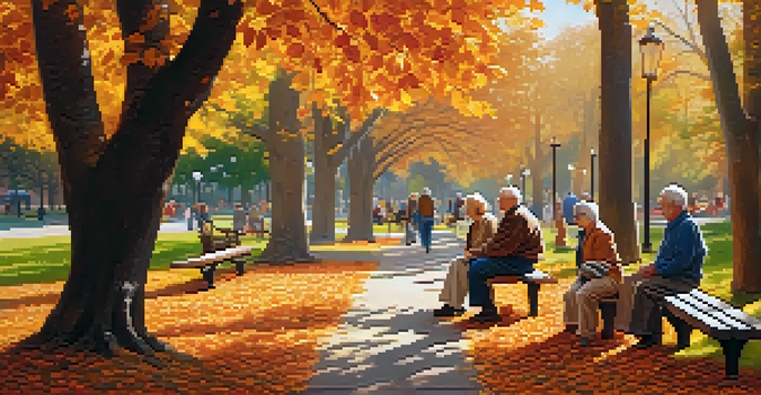 A peaceful autumn park scene with older adults walking, gardening, and chatting, surrounded by colorful leaves and warm sunlight.