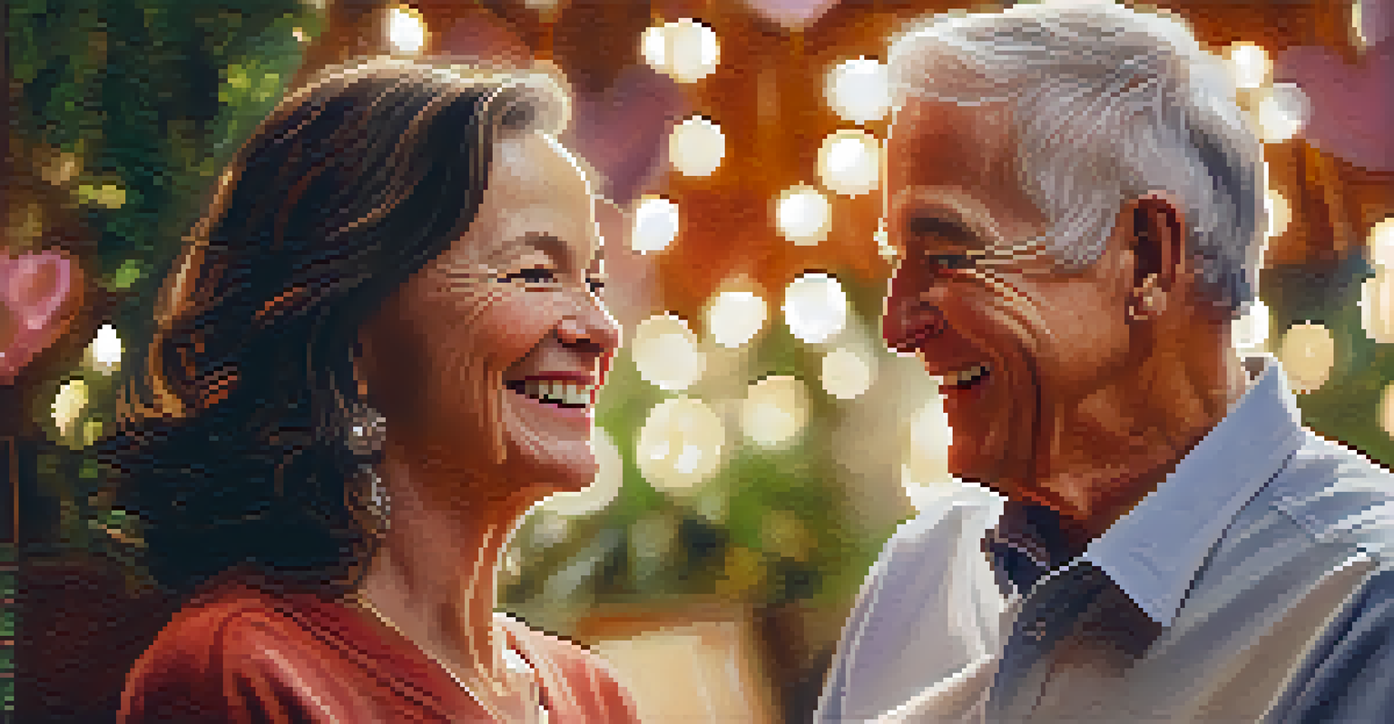 A close-up of a senior couple dancing together, smiling and enjoying each other's company in a warm setting.