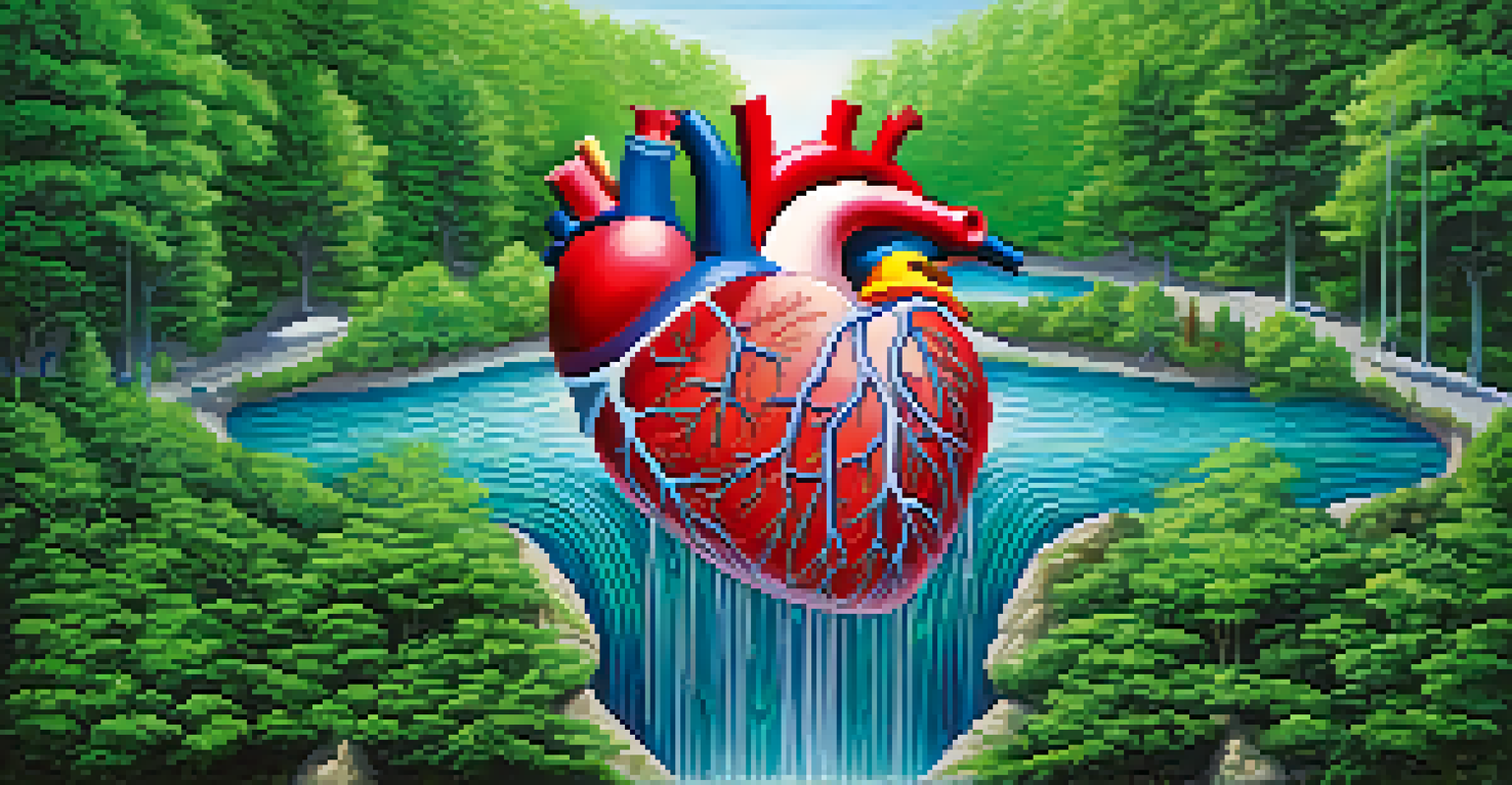 An illustration of a heart and arteries as a flowing water system, showing healthy and high blood pressure.
