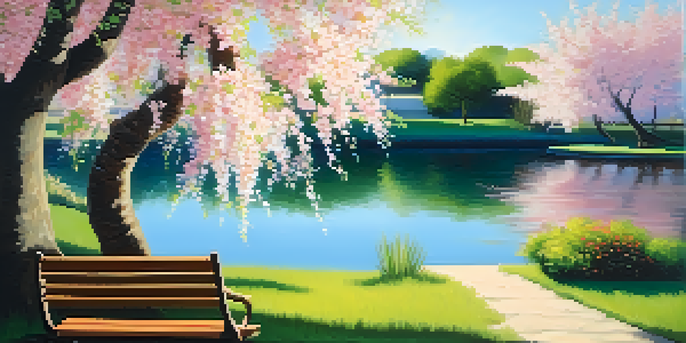 A peaceful garden with colorful flowers, a pond, and a bench under a cherry tree, illuminated by soft sunlight.