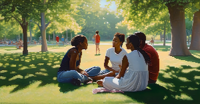 A diverse group of individuals sitting in a park, engaged in a supportive conversation under the sunlight.