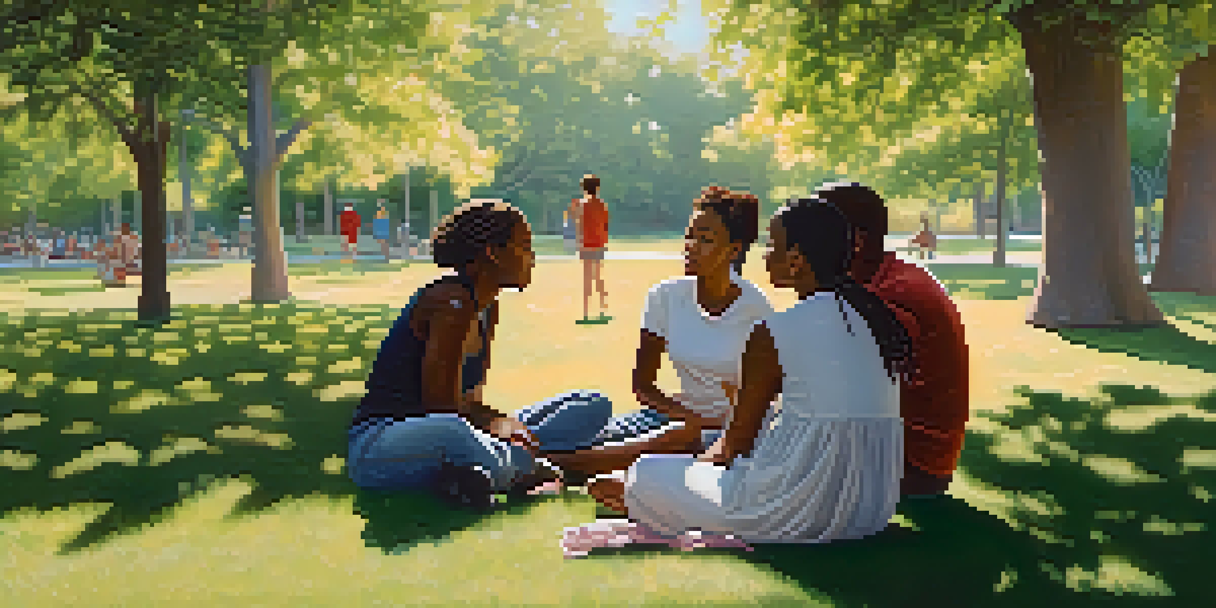 A diverse group of individuals sitting in a park, engaged in a supportive conversation under the sunlight.