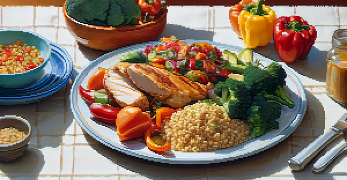 A balanced meal on a kitchen table, featuring grilled chicken, quinoa, vegetables, and fresh fruit, illuminated by natural light.