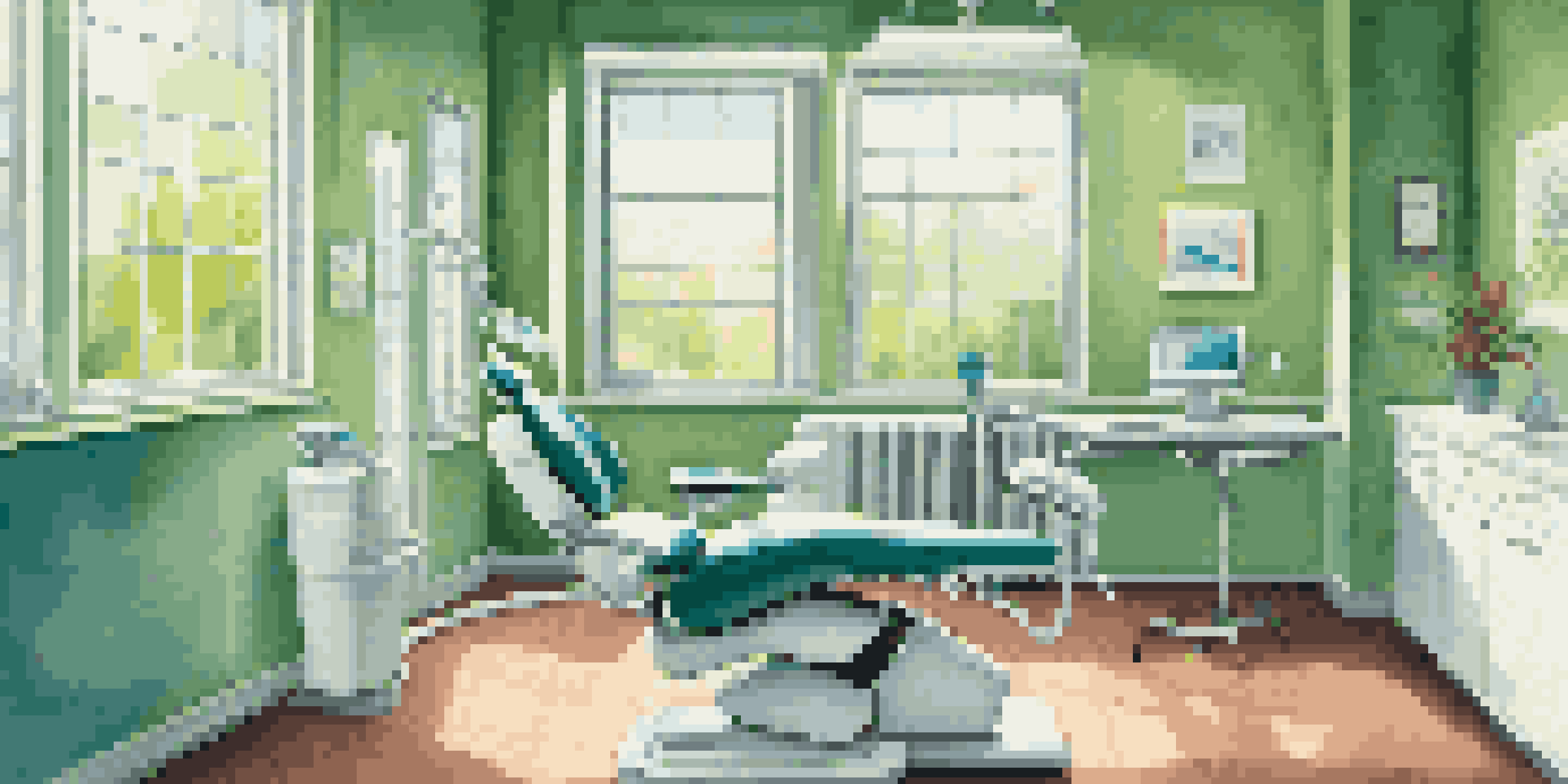 A bright and welcoming dentist's office with natural light, a comfortable dental chair, modern equipment, and a poster about oral health and respiratory wellness.