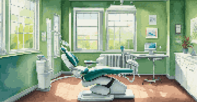 A bright and welcoming dentist's office with natural light, a comfortable dental chair, modern equipment, and a poster about oral health and respiratory wellness.