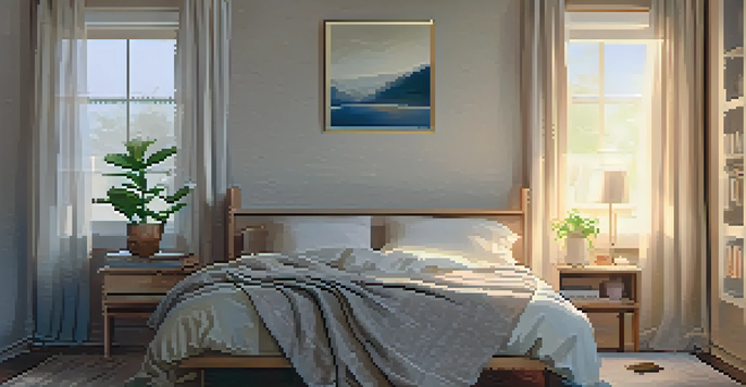 A cozy, well-decorated bedroom with a made bed, soft pillows, and gentle lighting.