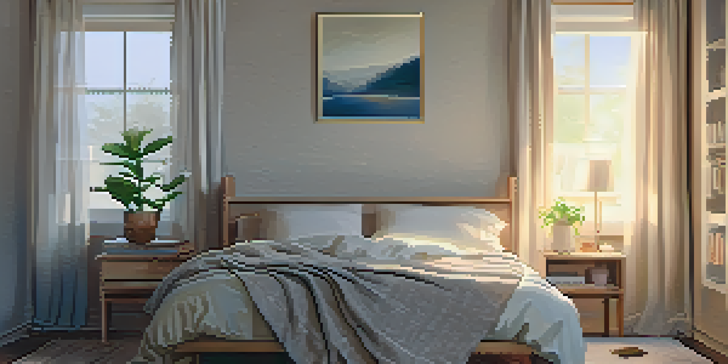 A cozy, well-decorated bedroom with a made bed, soft pillows, and gentle lighting.